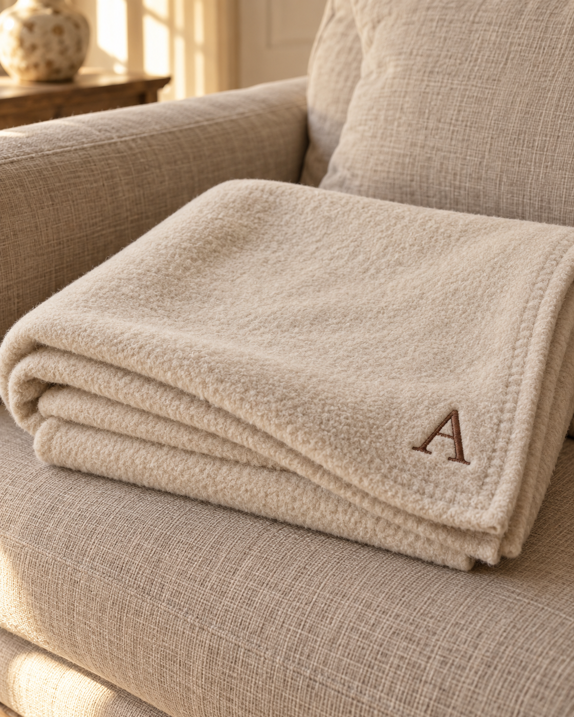 Plaid beige classique brodé simplement d’une initiale
